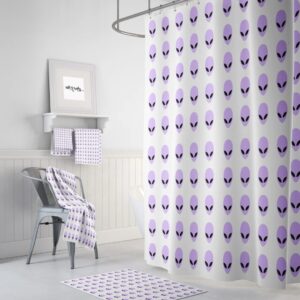 Alien Shower Curtain, Purple And White, Optional Bath Mat And Towels