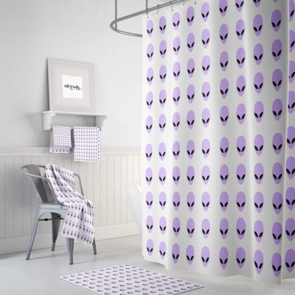 Alien Shower Curtain, Purple And White, Optional Bath Mat And Towels