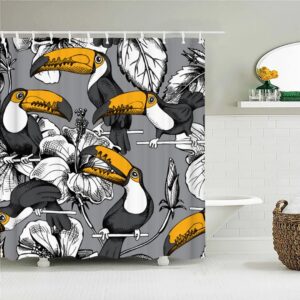 Bird Black And White Shower Curtain, Botanical Toucan Flower Wildlife Forest, Home Bath Decor