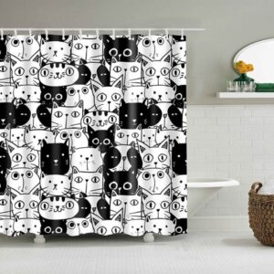 Black And White Cat Curtain, Cute Pet Animal Fabric Bathroom Curtain For Cat Lovers And Cat Mom