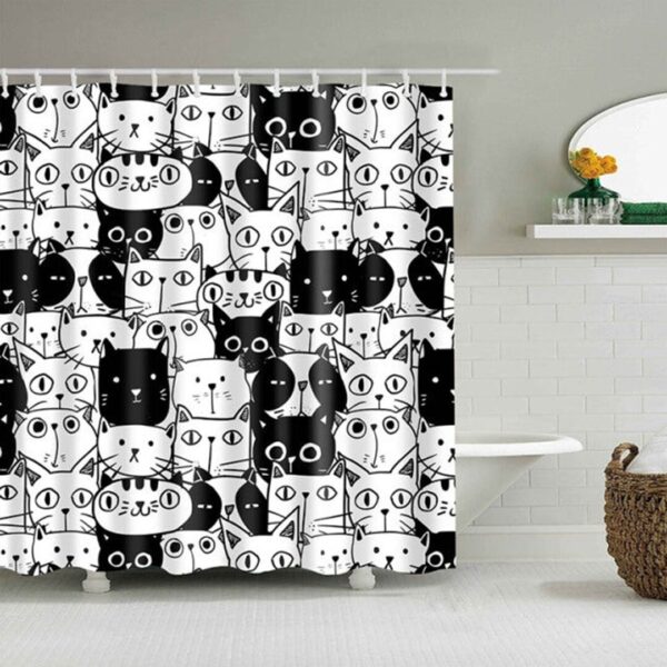 Black And White Cat Curtain, Cute Pet Animal Fabric Bathroom Curtain For Cat Lovers And Cat Mom