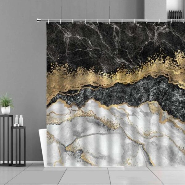 Black And White Gold Marble Shower Curtain, Modern Contemporary Design Bathroom Curtain, Home Bath Decor Accessories