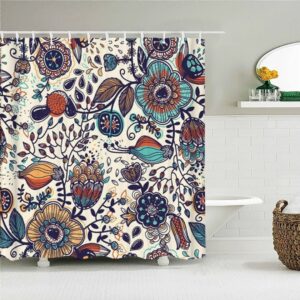 Blue Floral Boho Shower Curtain, Bohemian Chic Wild Flower Nordic Design, Home Bath Decor