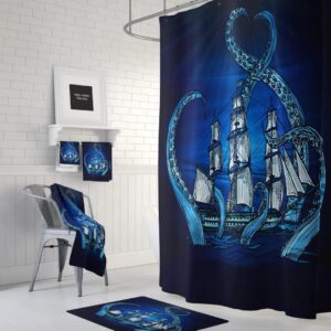 Blue Kraken Octopus Shower Curtain for Bathroom