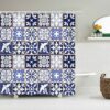 Blue Mosaic Tile Boho Shower Curtain, Bohemian Chic Geometric Bird Design, Fabric Bath Curtain