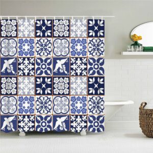 Blue Mosaic Tile Boho Shower Curtain, Bohemian Chic Geometric Bird Design, Fabric Bath Curtain