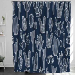 Blue White Cactus Shower Curtain, Cacti Flora Botanical Desert Plant Fabric Bathroom Curtain, Home Bath Room Decor