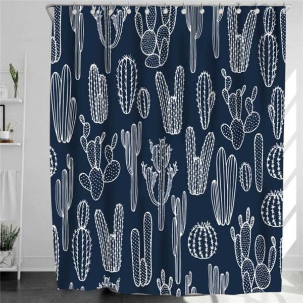 Blue White Cactus Shower Curtain, Cacti Flora Botanical Desert Plant Fabric Bathroom Curtain, Home Bath Room Decor