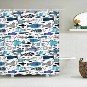 Blue White Fish Shower Curtain, Japanese Style Ocean Sea Fishes Underwater, Home Bath Decor