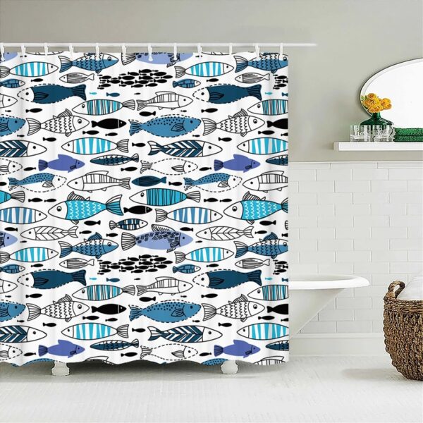 Blue White Fish Shower Curtain, Japanese Style Ocean Sea Fishes Underwater, Home Bath Decor