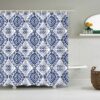 Blue White Geometric Print Shower Curtain, Bohemian Boho Vintage Bathroom Curtain, Home Bath Decor Accessories