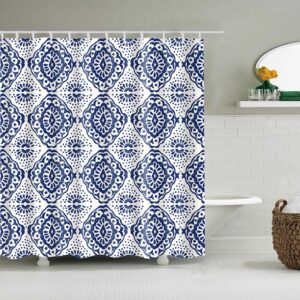 Blue White Geometric Print Shower Curtain, Bohemian Boho Vintage Bathroom Curtain, Home Bath Decor Accessories