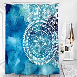 Blue White Mandala Shower Curtain, Star Watercolor Graphic Design Bath Tub Curtain Accessories