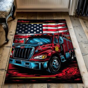Bold Fire Truck in Front of the USA Flag Area Rug: Show Support for First Responders and Nation, Firefighter Rugs for Living Room Bedroom, Firefighter Rectangular Rugs Full Size FR60