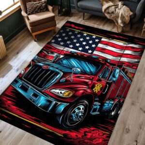 Bold Fire Truck in Front of the USA Flag Area Rug: Show Support for First Responders and Nation, Firefighter Rugs for Living Room Bedroom, Firefighter Rectangular Rugs Full Size FR60