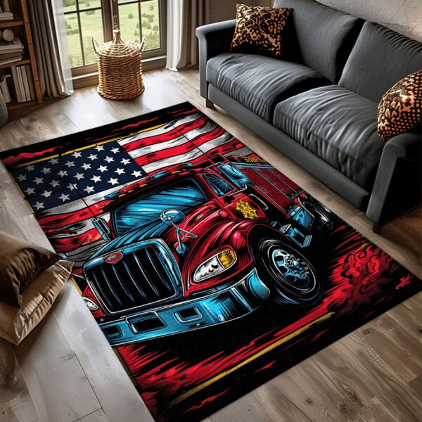 Bold Fire Truck in Front of the USA Flag Area Rug: Show Support for First Responders and Nation, Firefighter Rugs for Living Room Bedroom, Firefighter Rectangular Rugs Full Size FR60