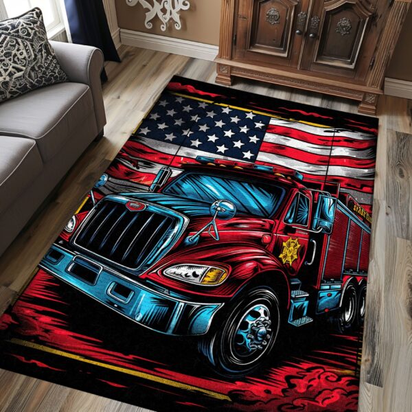 Bold Fire Truck in Front of the USA Flag Area Rug: Show Support for First Responders and Nation, Firefighter Rugs for Living Room Bedroom, Firefighter Rectangular Rugs Full Size FR60