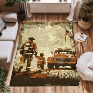 Bold Firefighter Dad and Son Theme Personalized Rug: Pay Tribute to Generations of Bravery, Firefighter Rugs for Living Room Bedroom, Firefighter Rectangular Rugs Full Size FR67