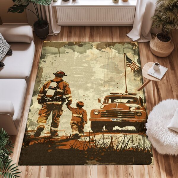 Bold Firefighter Dad and Son Theme Personalized Rug: Pay Tribute to Generations of Bravery, Firefighter Rugs for Living Room Bedroom, Firefighter Rectangular Rugs Full Size FR67