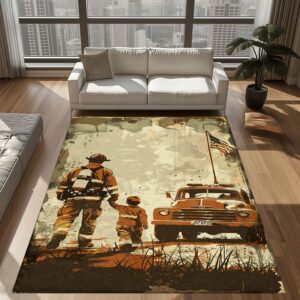 Bold Firefighter Dad and Son Theme Personalized Rug: Pay Tribute to Generations of Bravery, Firefighter Rugs for Living Room Bedroom, Firefighter Rectangular Rugs Full Size FR67