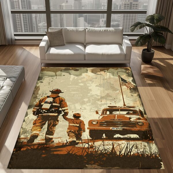 Bold Firefighter Dad and Son Theme Personalized Rug: Pay Tribute to Generations of Bravery, Firefighter Rugs for Living Room Bedroom, Firefighter Rectangular Rugs Full Size FR67