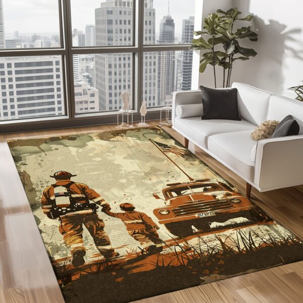 Bold Firefighter Dad and Son Theme Personalized Rug: Pay Tribute to Generations of Bravery, Firefighter Rugs for Living Room Bedroom, Firefighter Rectangular Rugs Full Size FR67