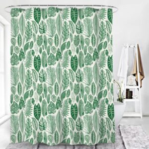 Botanical Green Leaves Shower Curtain, Tropical Forest Leaf Trees Palm Monstera, Fabric Bath Curtain, House Gift
