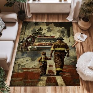 Celebrating Bravery: Dad Fire Fighter and Son Firefighter Personalized Area Floorings, Firefighter Rugs for Living Room Bedroom, Firefighter Rectangular Rugs Full Size FR100