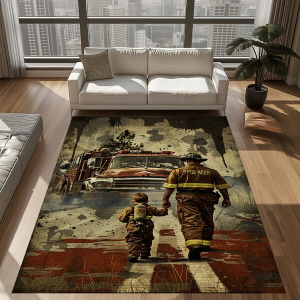 Celebrating Bravery: Dad Fire Fighter and Son Firefighter Personalized Area Floorings, Firefighter Rugs for Living Room Bedroom, Firefighter Rectangular Rugs Full Size FR100