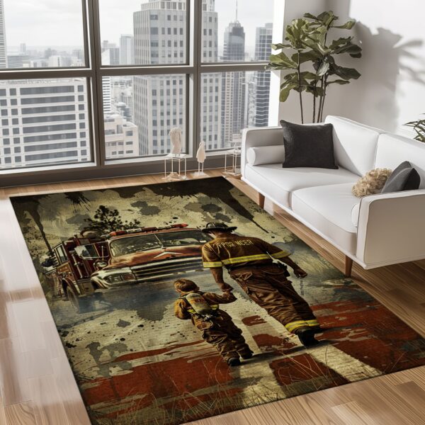 Celebrating Bravery: Dad Fire Fighter and Son Firefighter Personalized Area Floorings, Firefighter Rugs for Living Room Bedroom, Firefighter Rectangular Rugs Full Size FR100