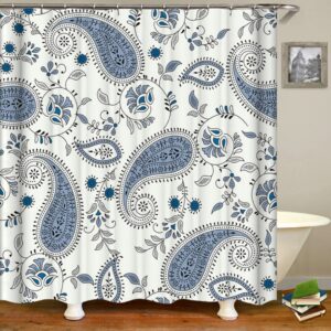 Classic White Blue Floral Shower Curtain, Bohemian Boho Flowers Minimalist Home Bath Decor