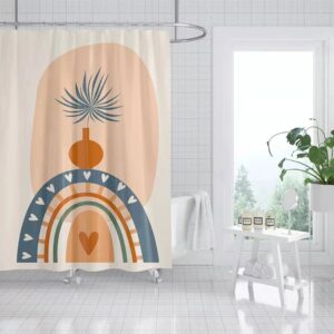 Colorful Boho Rainbow Shower Curtain, Colorful Bohemian Vase Palm Leaves Design, Fabric Curtain