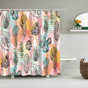 Colorful Cactus Desert Plants Shower Curtain, Cacti Flora Botanical Abstract Fabric Bathroom Curtain, Bath Curtain