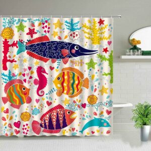 Colorful Fishes Shower Curtain, Underwater World Ocean Sea Corals Seahorse, Bathroom Curtain Kids Children Bath