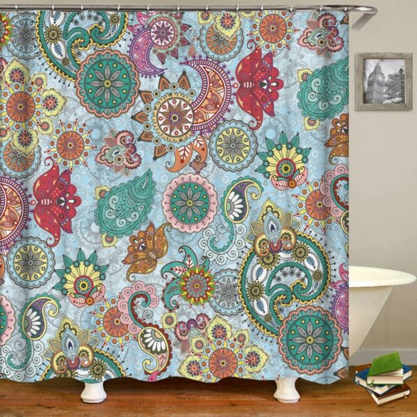 Colorful Floral Shower Curtain, Bohemian Boho Flowers Blue Swirl Design Home Bath Decor