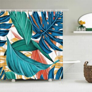 Colorful Palm Leaves Shower Curtain, Botanical Tropical Blue Green Forest, Fabric Bath Curtain