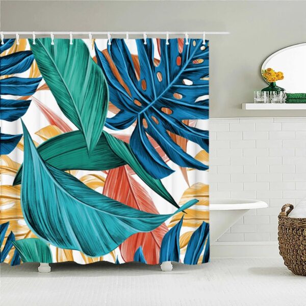 Colorful Palm Leaves Shower Curtain, Botanical Tropical Blue Green Forest, Fabric Bath Curtain