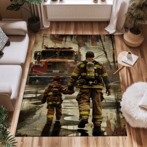 Commemorative Touch: Dad Fire Fighter and Son Firefighter Inspired Personalized Rugs, Firefighter Rugs for Living Room Bedroom, Firefighter Rectangular Rugs Full Size FR89