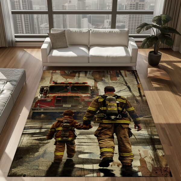 Commemorative Touch: Dad Fire Fighter and Son Firefighter Inspired Personalized Rugs, Firefighter Rugs for Living Room Bedroom, Firefighter Rectangular Rugs Full Size FR89