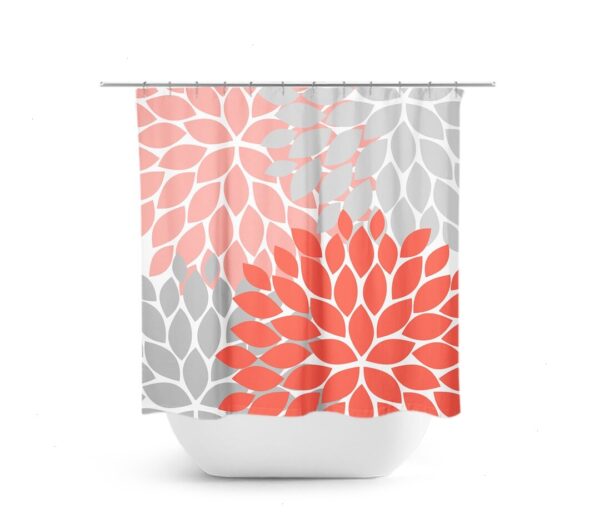 Coral And Gray Shower Curtain, Floral Bath Curtain, Orange Bathroom, Fabric Shower Curtain, Girls Bathroom Decor, Coral Bathroom