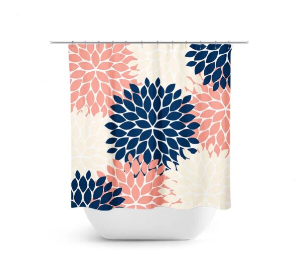 Coral And Navy Shower Curtain, Floral Shower Curtain, Flower Burst Bathtub Curtain, Coral Blue Bathroom Decor, Modern Bathroom