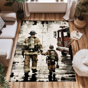 Courageous Dad Firefighter and Son Custom Rectangular Rug: Honor Generations of Bravery, Firefighter Rugs for Living Room Bedroom, Firefighter Rectangular Rugs Full Size FR77