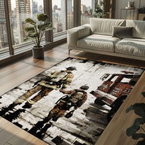 Courageous Dad Firefighter and Son Custom Rectangular Rug: Honor Generations of Bravery, Firefighter Rugs for Living Room Bedroom, Firefighter Rectangular Rugs Full Size FR77