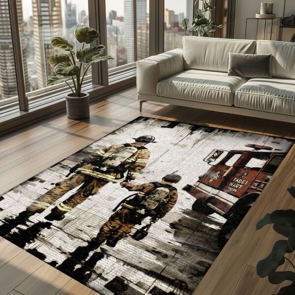Courageous Dad Firefighter and Son Custom Rectangular Rug: Honor Generations of Bravery, Firefighter Rugs for Living Room Bedroom, Firefighter Rectangular Rugs Full Size FR77