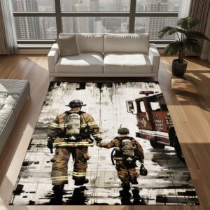 Courageous Dad Firefighter and Son Custom Rectangular Rug: Honor Generations of Bravery, Firefighter Rugs for Living Room Bedroom, Firefighter Rectangular Rugs Full Size FR77