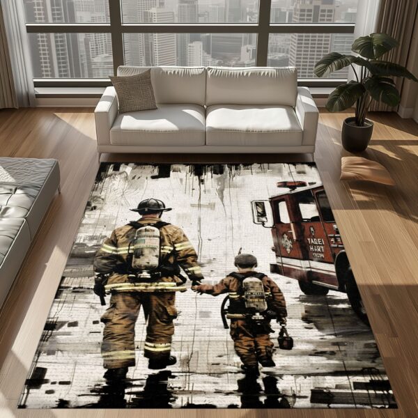 Courageous Dad Firefighter and Son Custom Rectangular Rug: Honor Generations of Bravery, Firefighter Rugs for Living Room Bedroom, Firefighter Rectangular Rugs Full Size FR77
