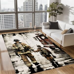 Courageous Dad Firefighter and Son Custom Rectangular Rug: Honor Generations of Bravery, Firefighter Rugs for Living Room Bedroom, Firefighter Rectangular Rugs Full Size FR77