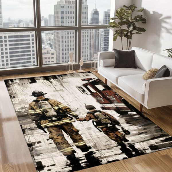 Courageous Dad Firefighter and Son Custom Rectangular Rug: Honor Generations of Bravery, Firefighter Rugs for Living Room Bedroom, Firefighter Rectangular Rugs Full Size FR77