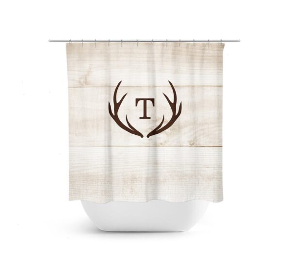Custom Monogram Shower Curtain, Hunting Lodge Decor, Deer Antler Bathtub Curtain, Woodland Bathroom, Brown Rustic Shower