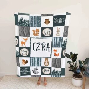 Custom Name Woodland Animal Nursery Quilt Blanket - Newborn, Deer, Fox, Bear, Owl, Rabbit or Perfect for Bedroom Decor